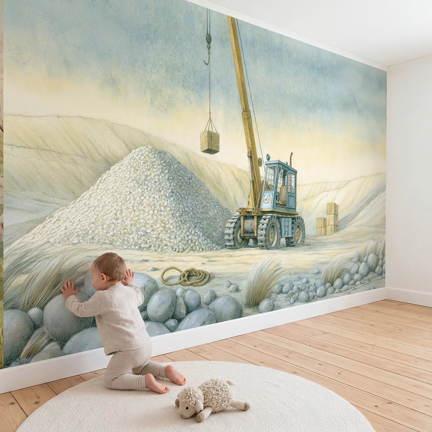 Child in nursery with Little Crane Friend Wallpaper Mural by Whimsy Tots
