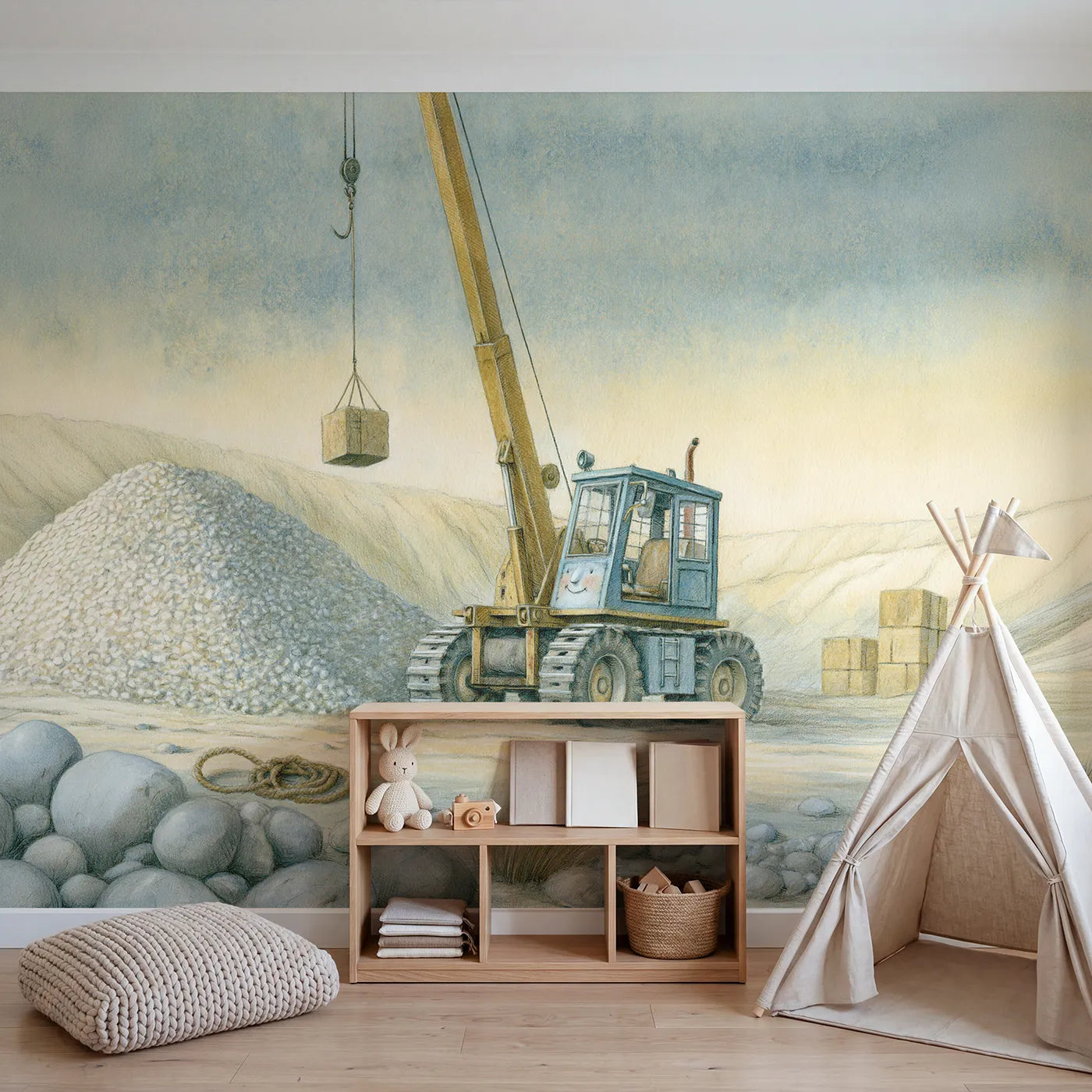 Little Crane Friend Wallpaper Mural in playroom setting by Whimsy Tots