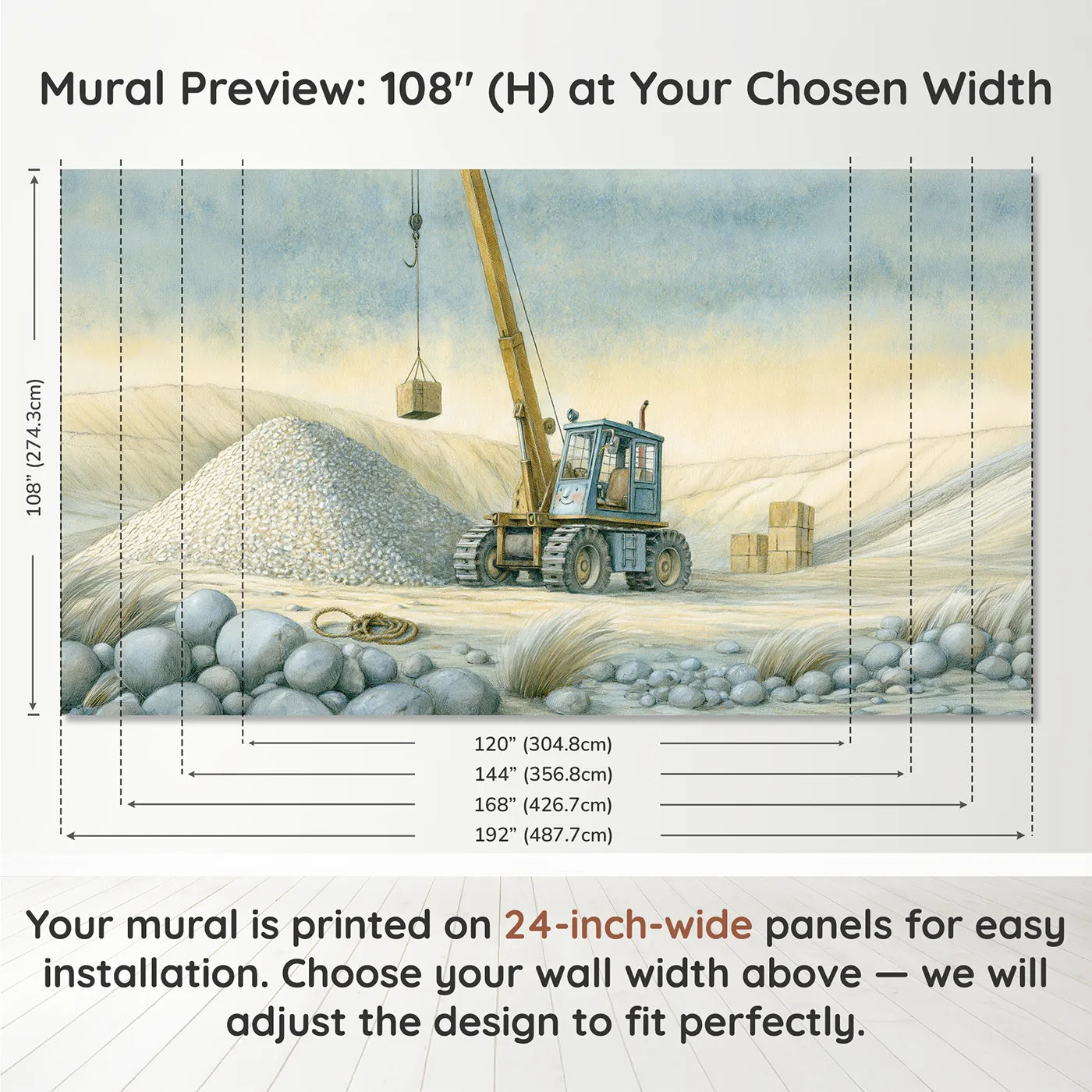 Panel layout and dimensions for Little Crane Friend Wallpaper Mural by Whimsy Tots