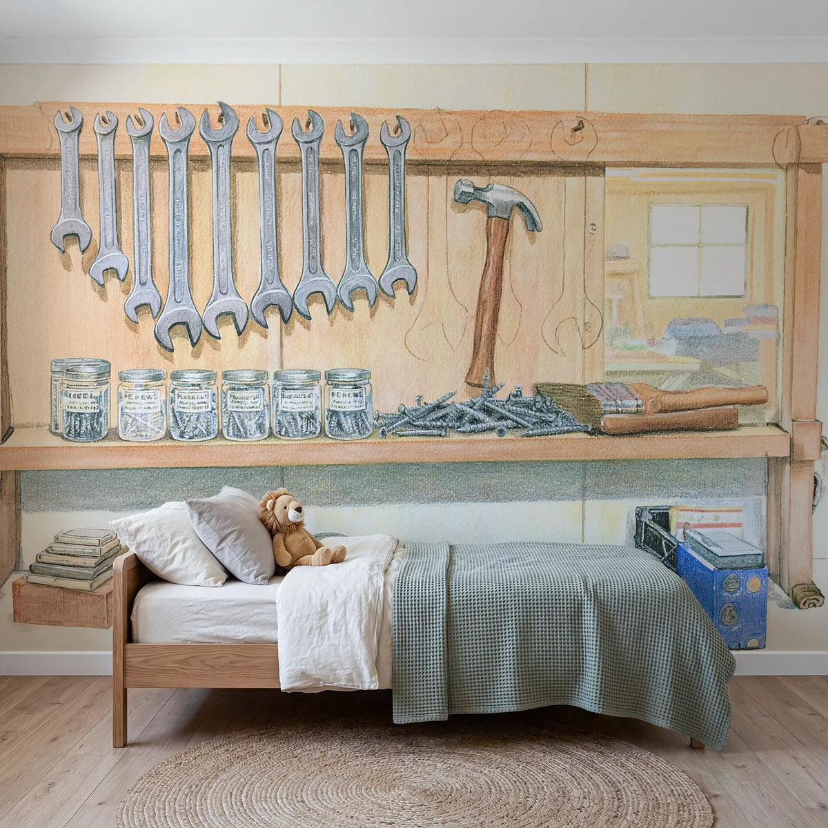 Colored Pencil workshop tool wall with painted outlines, mural for a bedroom by Whimsy Tots