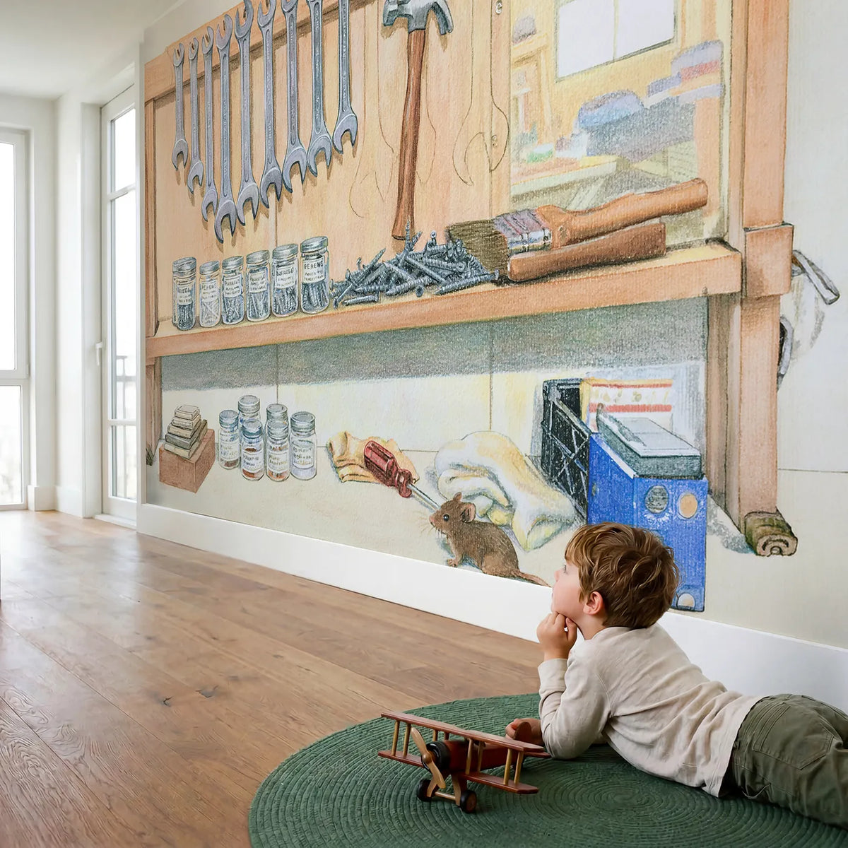 Child in nursery with The Tool Wall Wallpaper Mural by Whimsy Tots