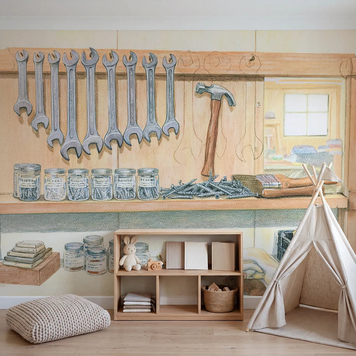 The Tool Wall Wallpaper Mural in playroom setting by Whimsy Tots