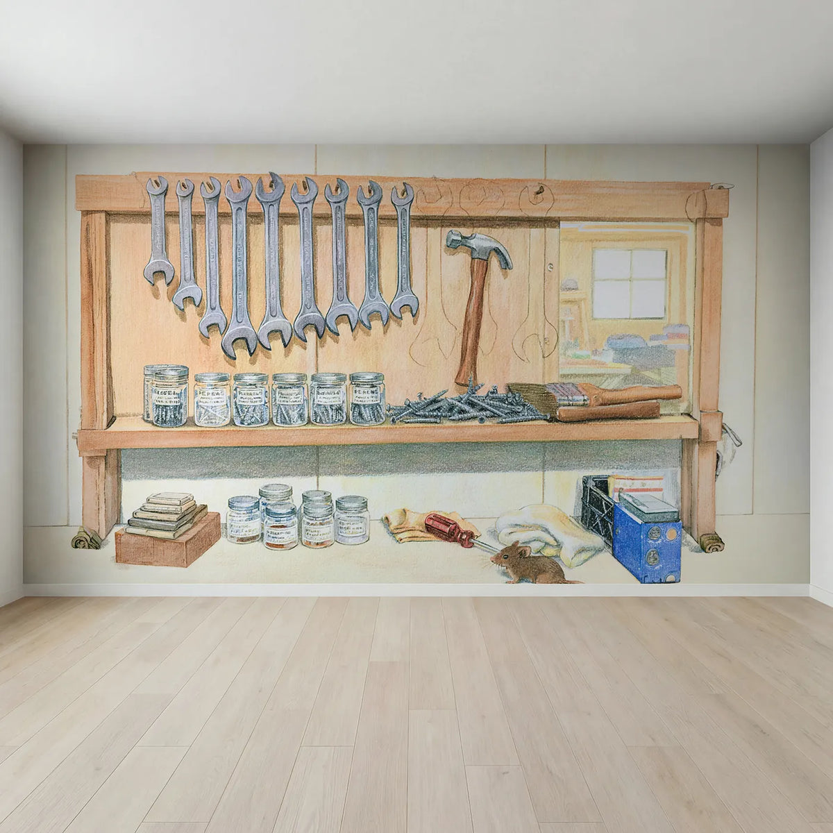 Full view of The Tool Wall Wallpaper Mural by Whimsy Tots