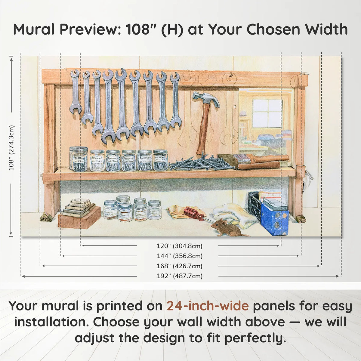 Panel layout and dimensions for The Tool Wall Wallpaper Mural by Whimsy Tots