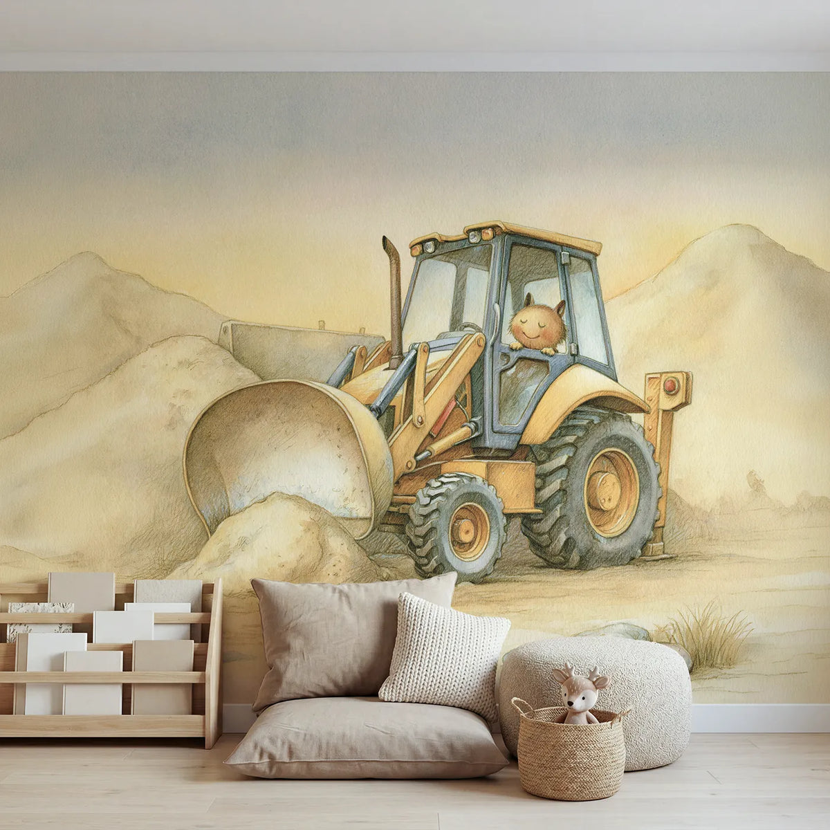 Watercolor wall mural of a friendly front loader by Whimsy Tots
