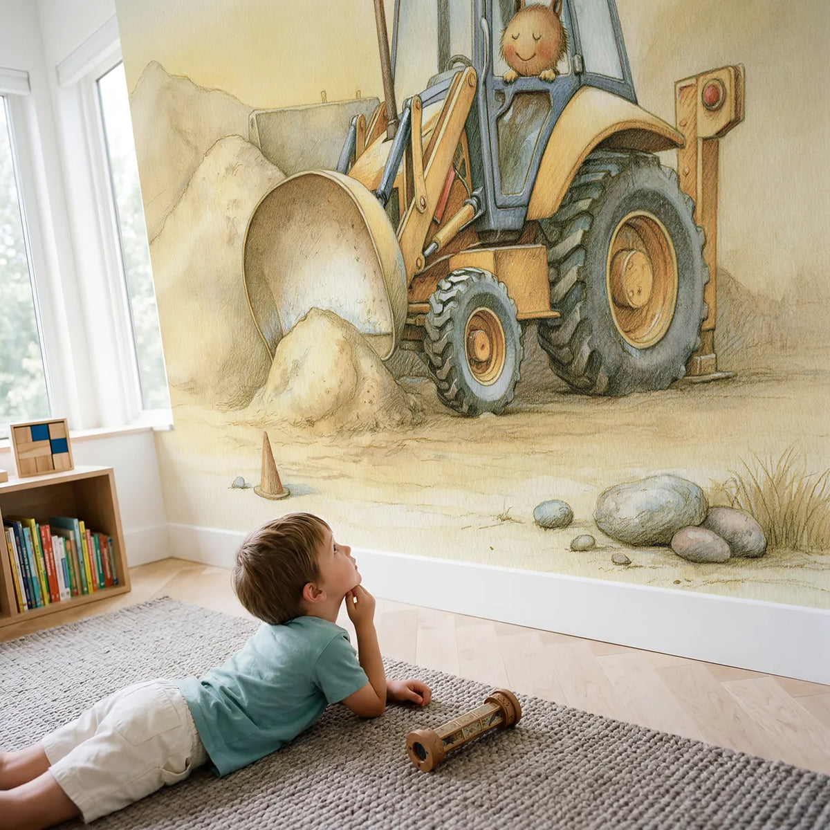 Child in nursery with Friendly Front Loader Wallpaper Mural by Whimsy Tots