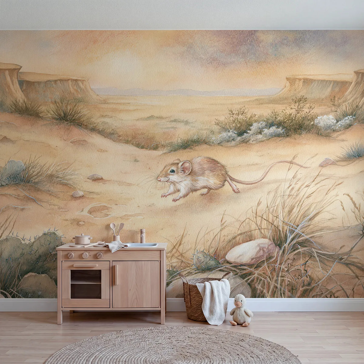 Watercolor wall mural of a tiny kangaroo rat by Whimsy Tots