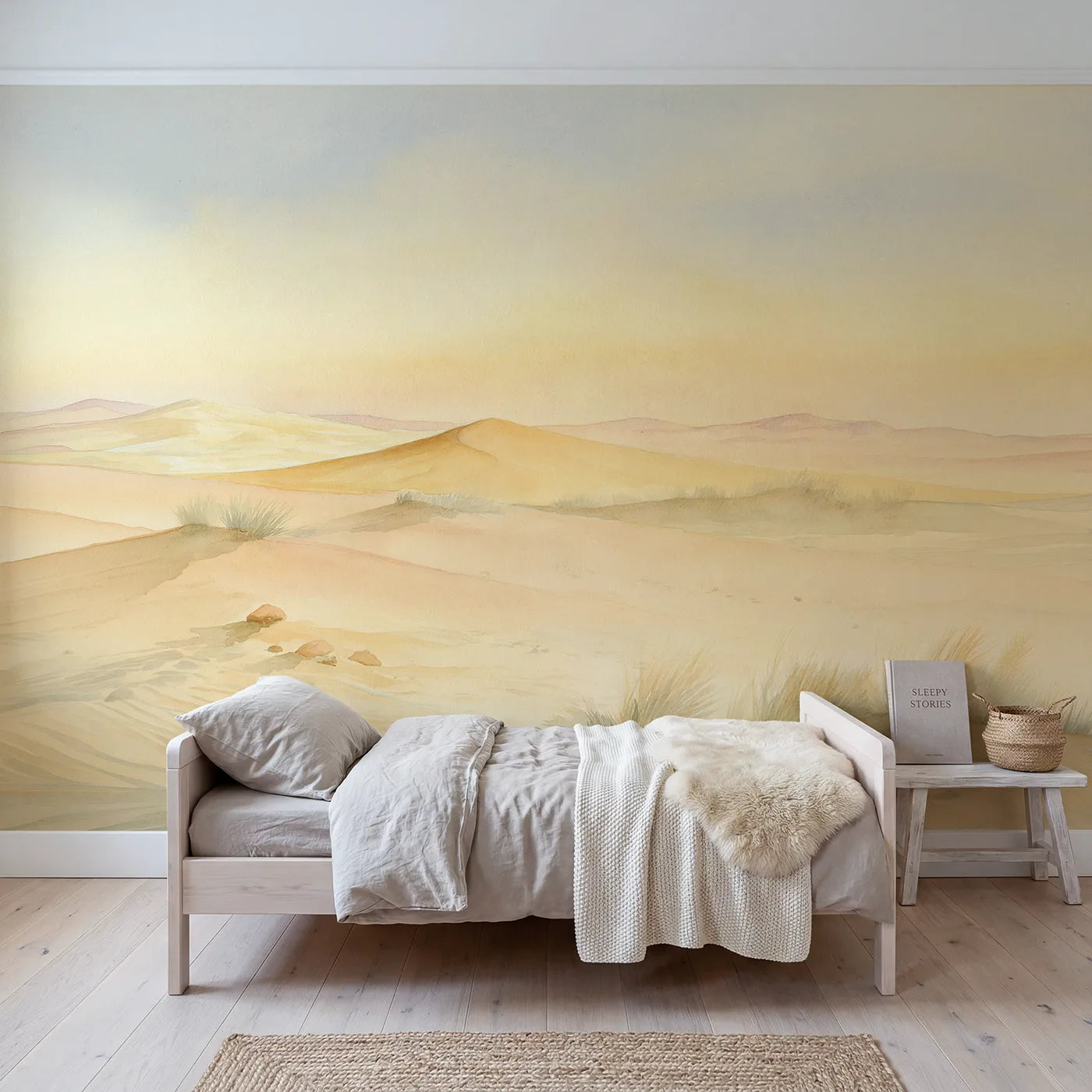 Watercolor wall mural of soft hazy desert dunes by Whimsy Tots