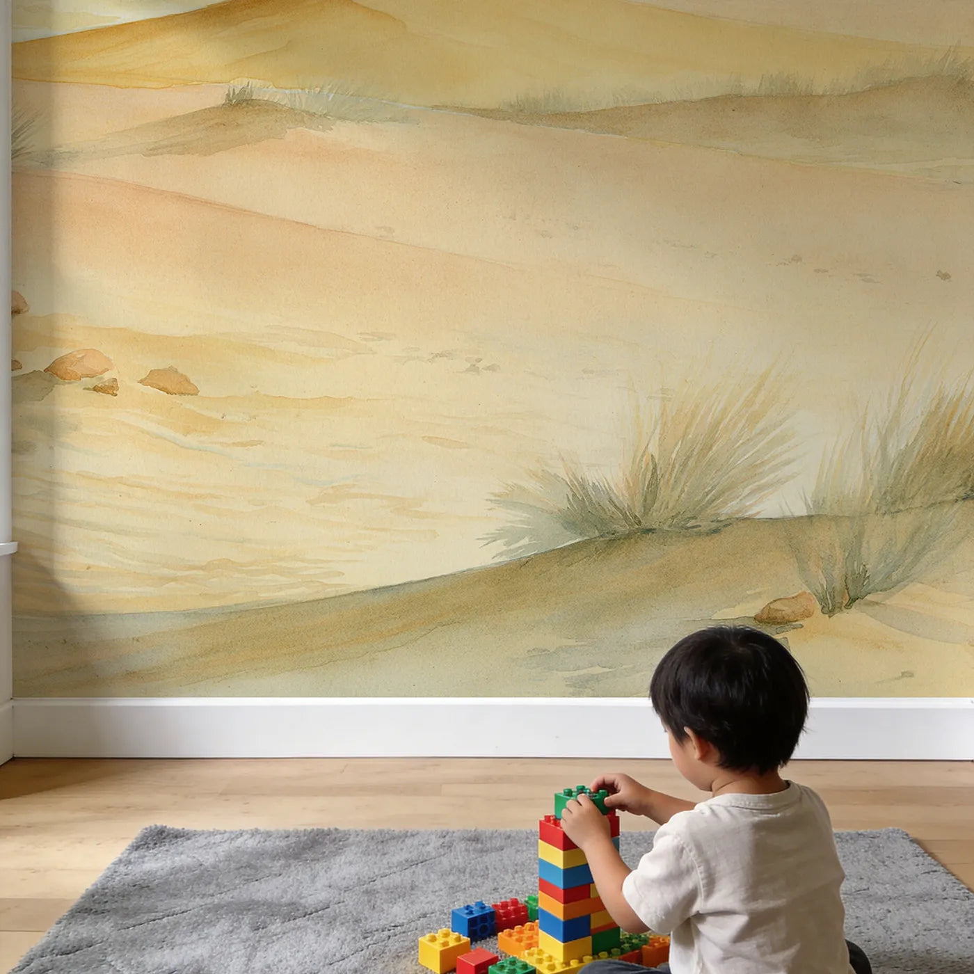 Child in nursery with Hazy Desert Dunes Wallpaper Mural by Whimsy Tots