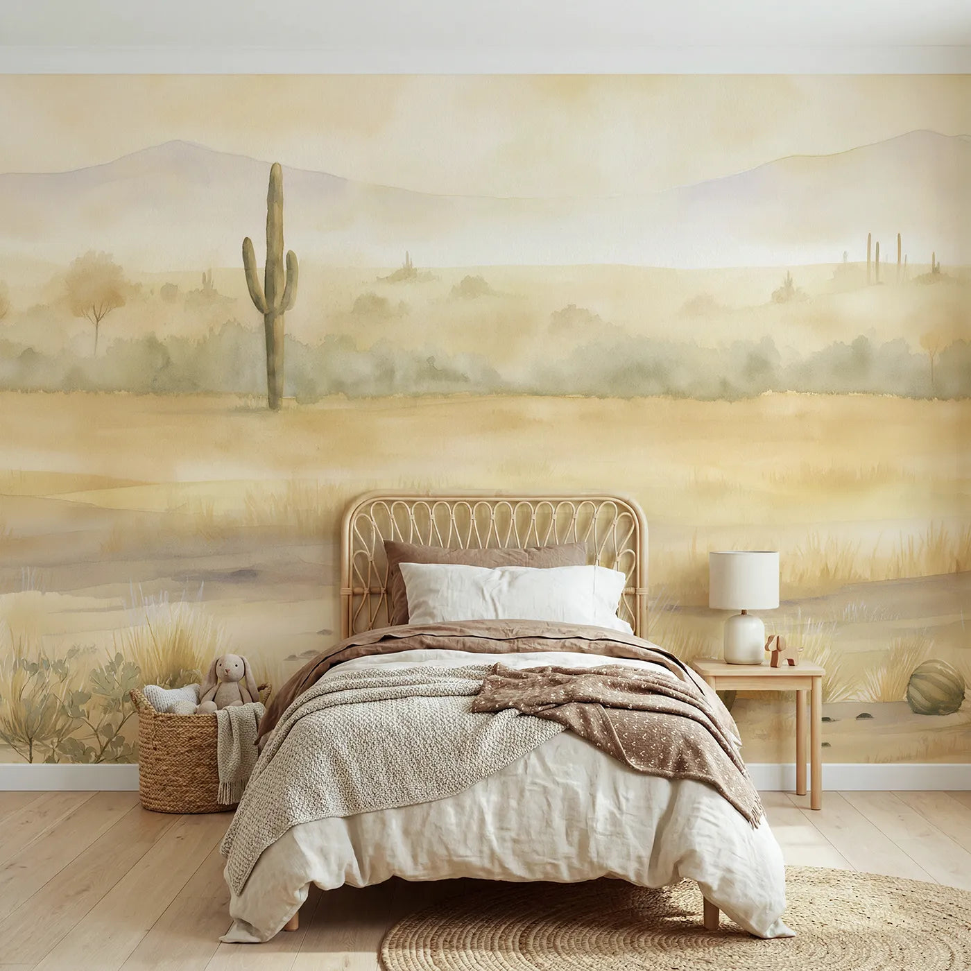 Watercolor wall mural of a hazy calm cactus plain by Whimsy Tots