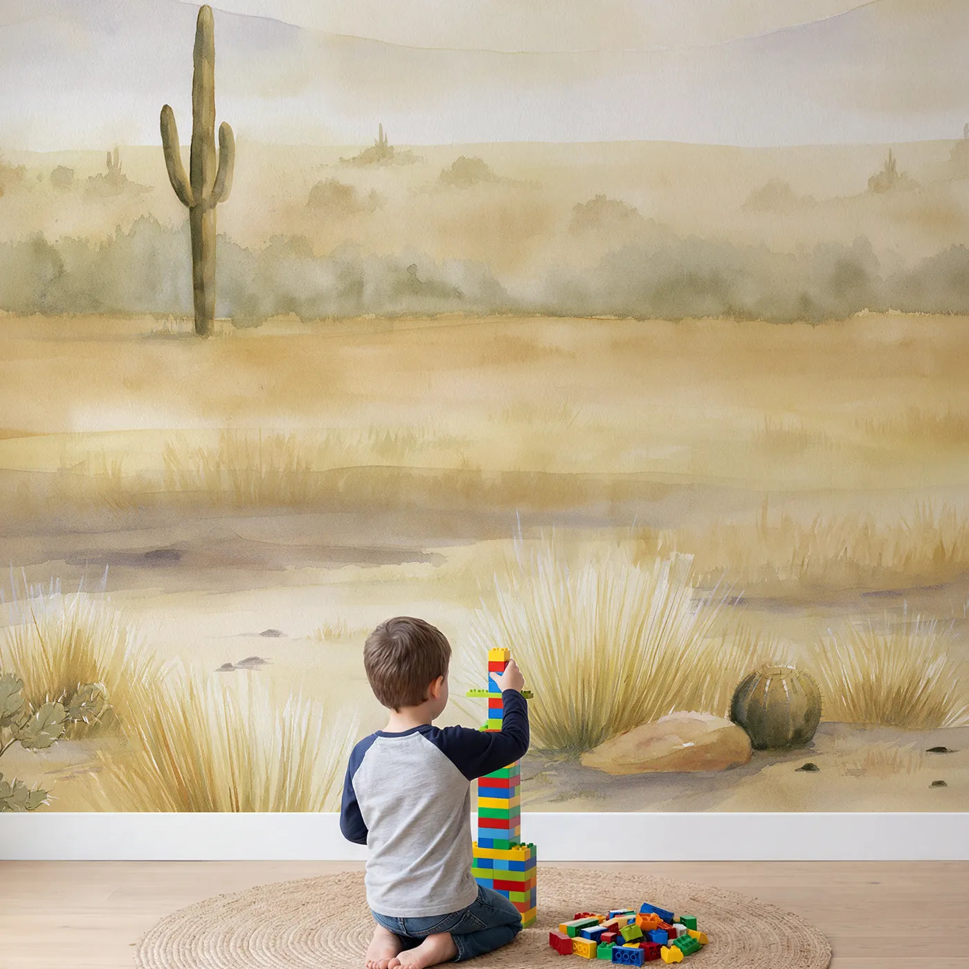 Child in nursery with Cactus Plain Haze Wallpaper Mural by Whimsy Tots