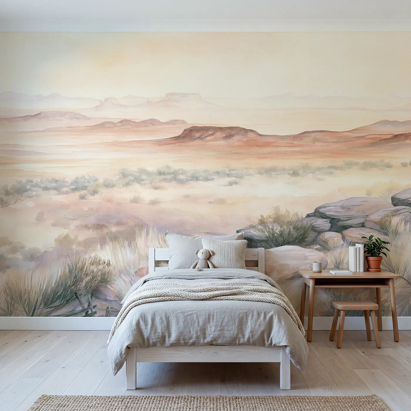 Watercolor wall mural of a wide warm desert vista by Whimsy Tots