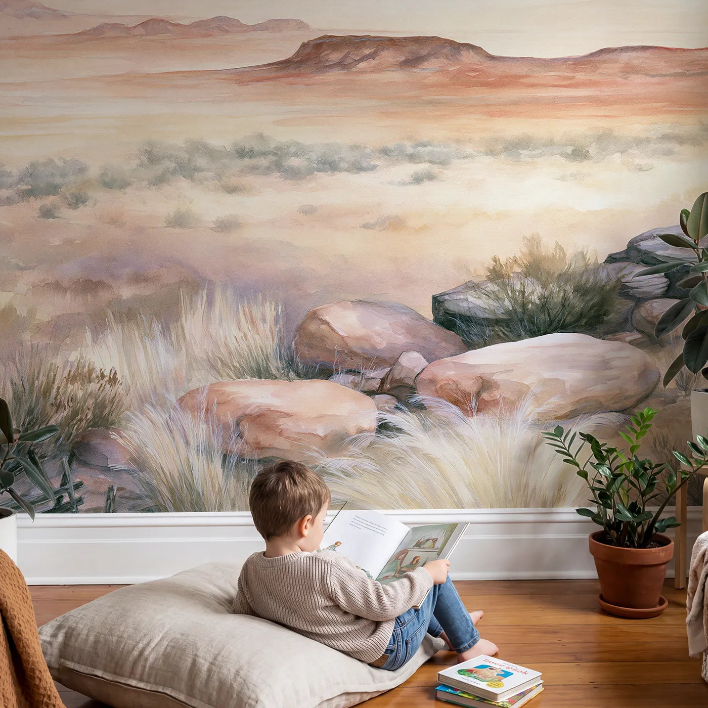 Child in nursery with Warm Desert Vista Wallpaper Mural by Whimsy Tots