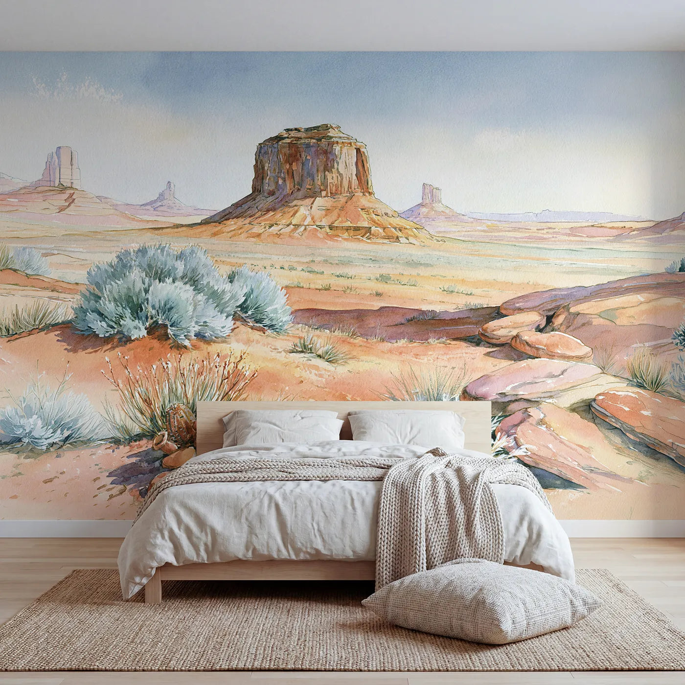 Watercolor wall mural of a desert mesa and butte by Whimsy Tots
