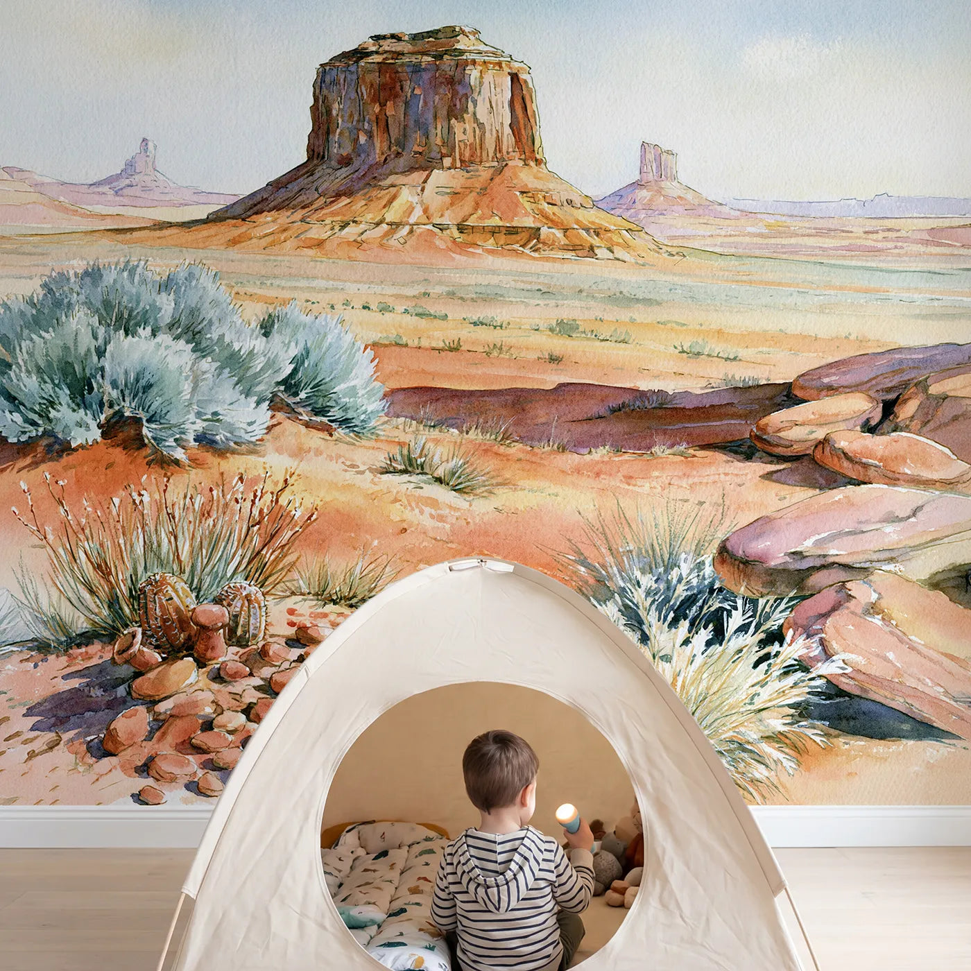 Child in nursery with Desert Mesa Study Wallpaper Mural by Whimsy Tots