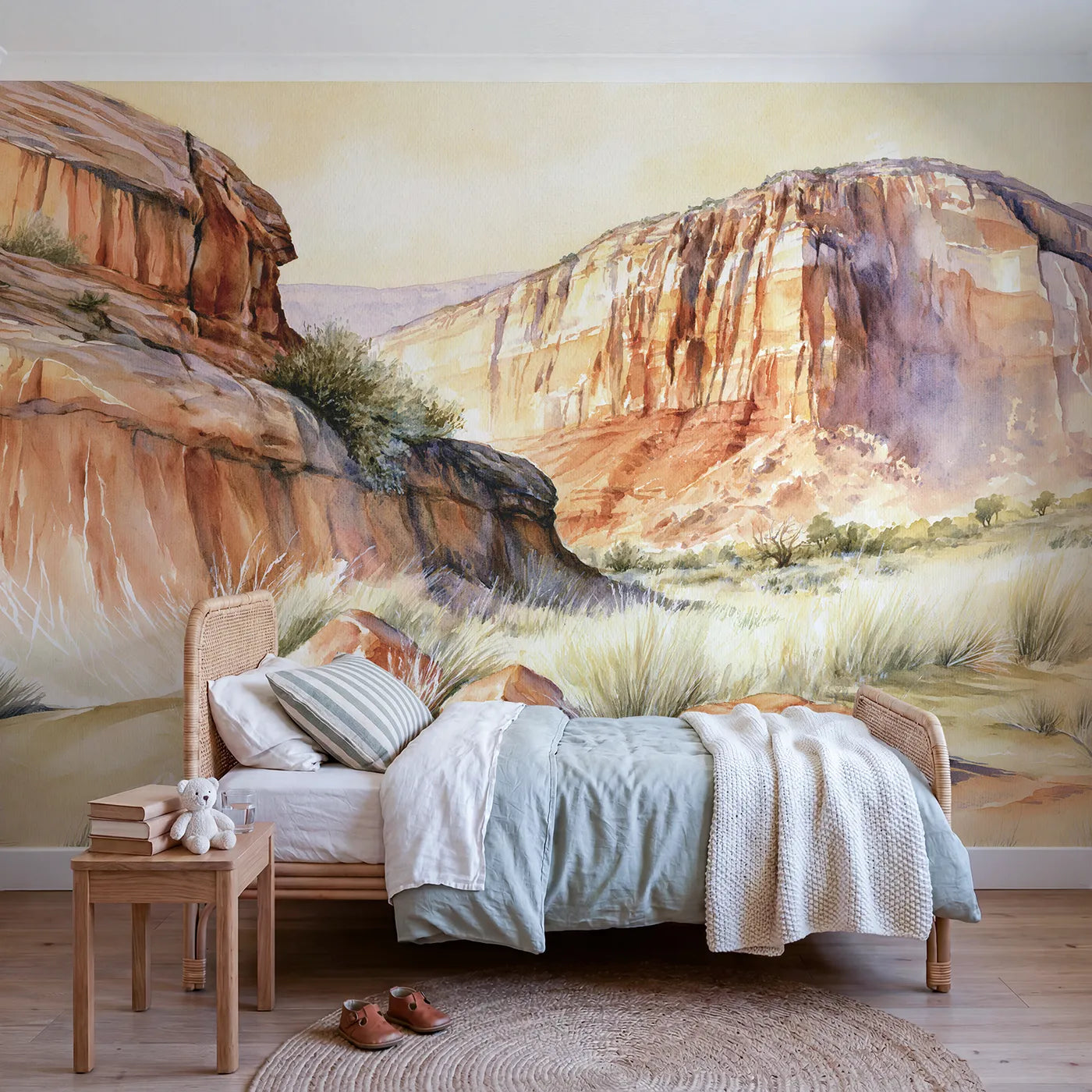 Watercolor wall mural of striated canyon rock by Whimsy Tots