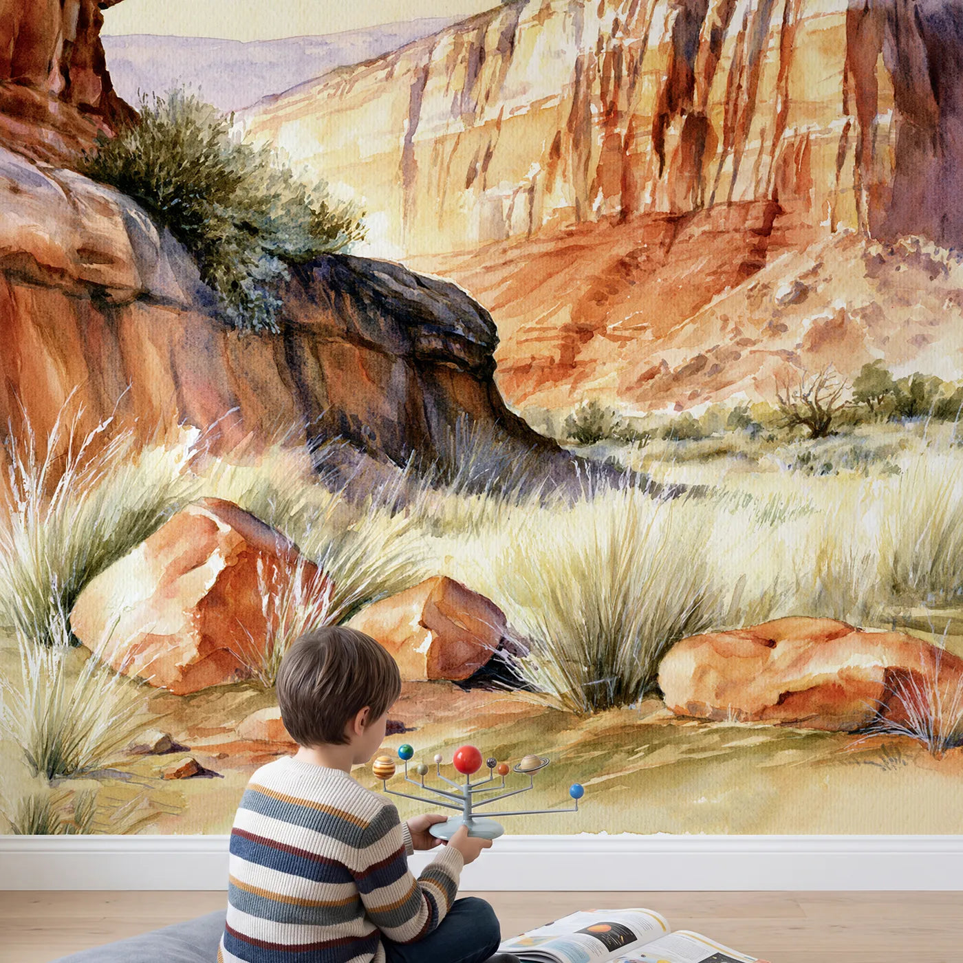 Child in nursery with Canyon Rock Study Wallpaper Mural by Whimsy Tots