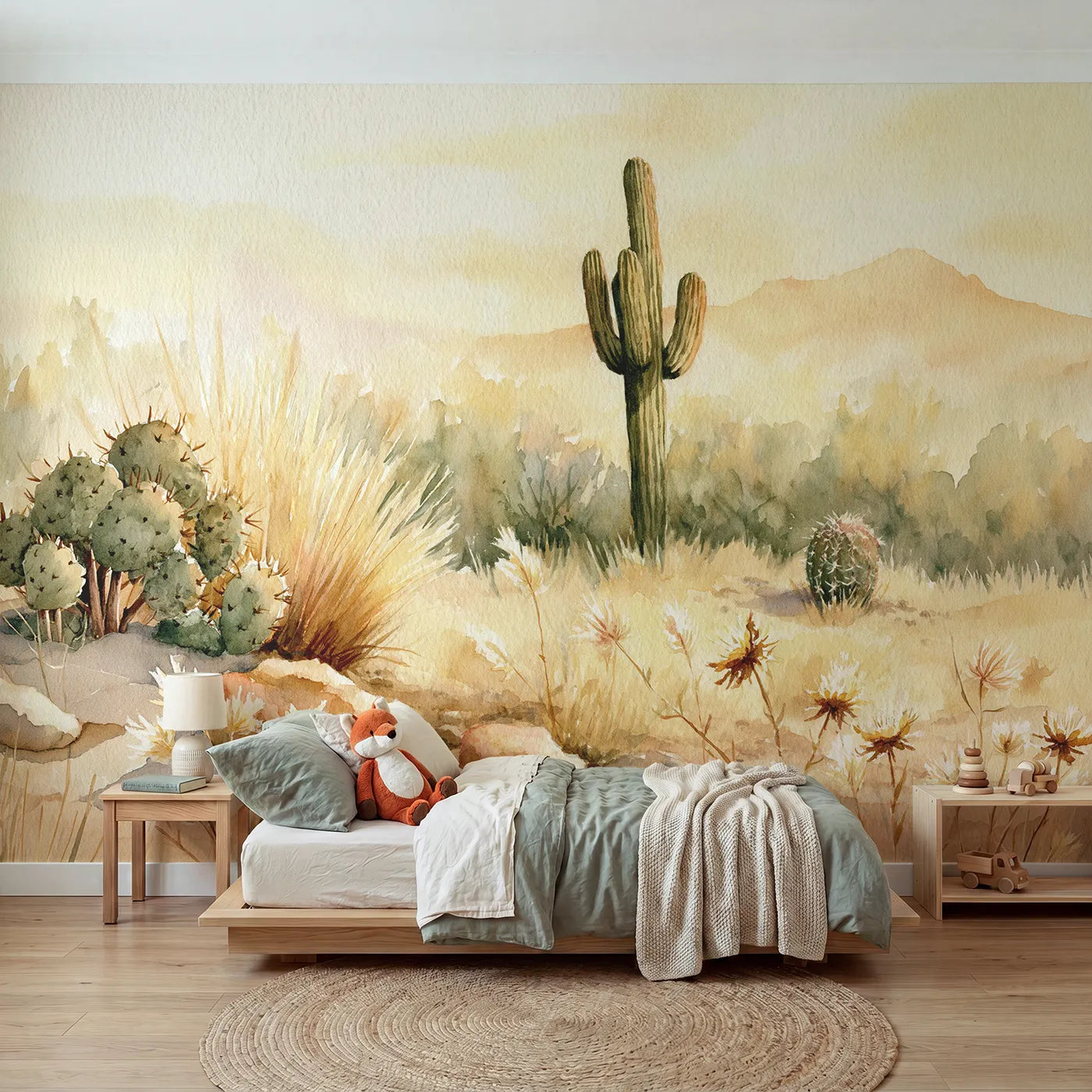 Watercolor wall mural of a tall saguaro cactus by Whimsy Tots
