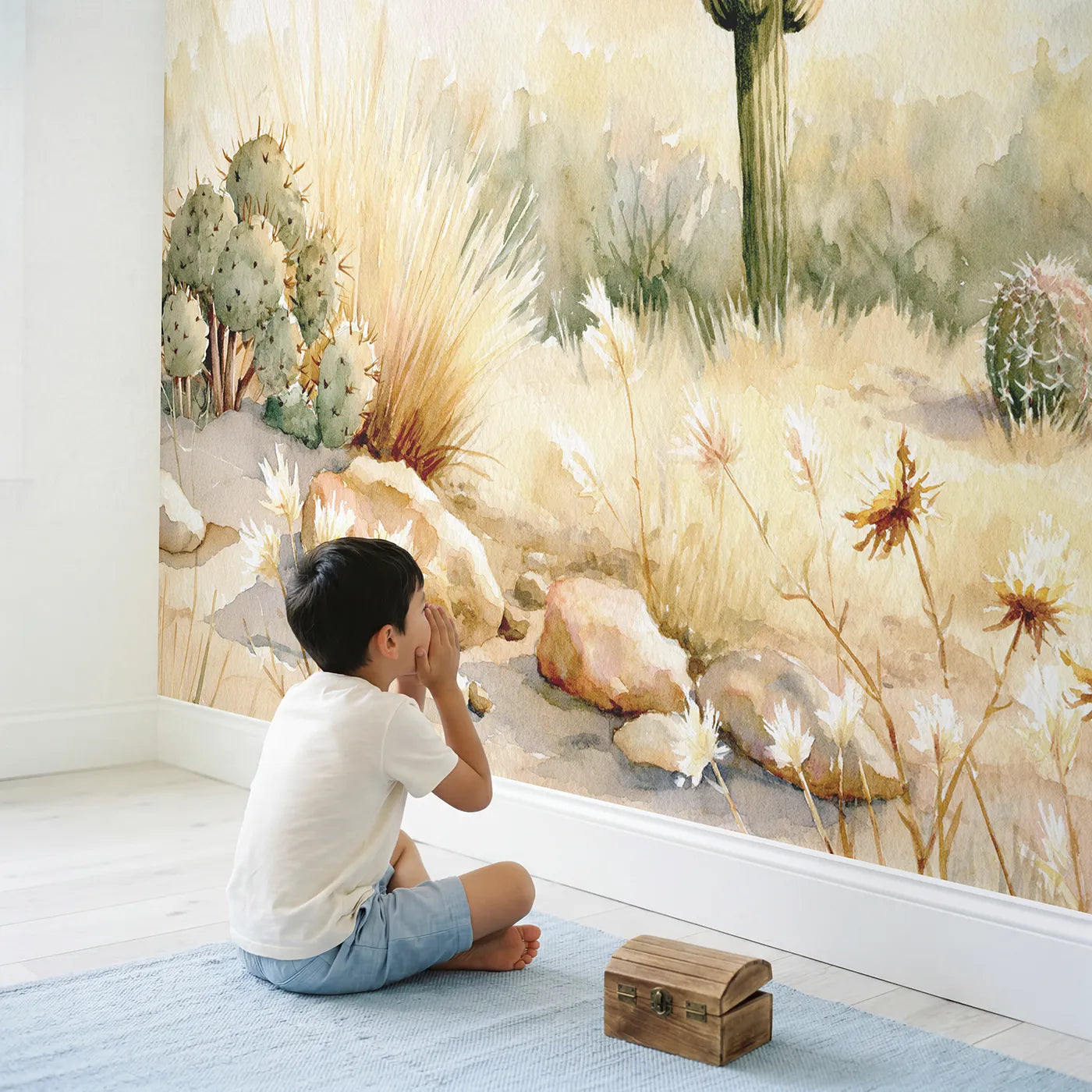 Child in nursery with Saguaro Cactus Study Wallpaper Mural by Whimsy Tots