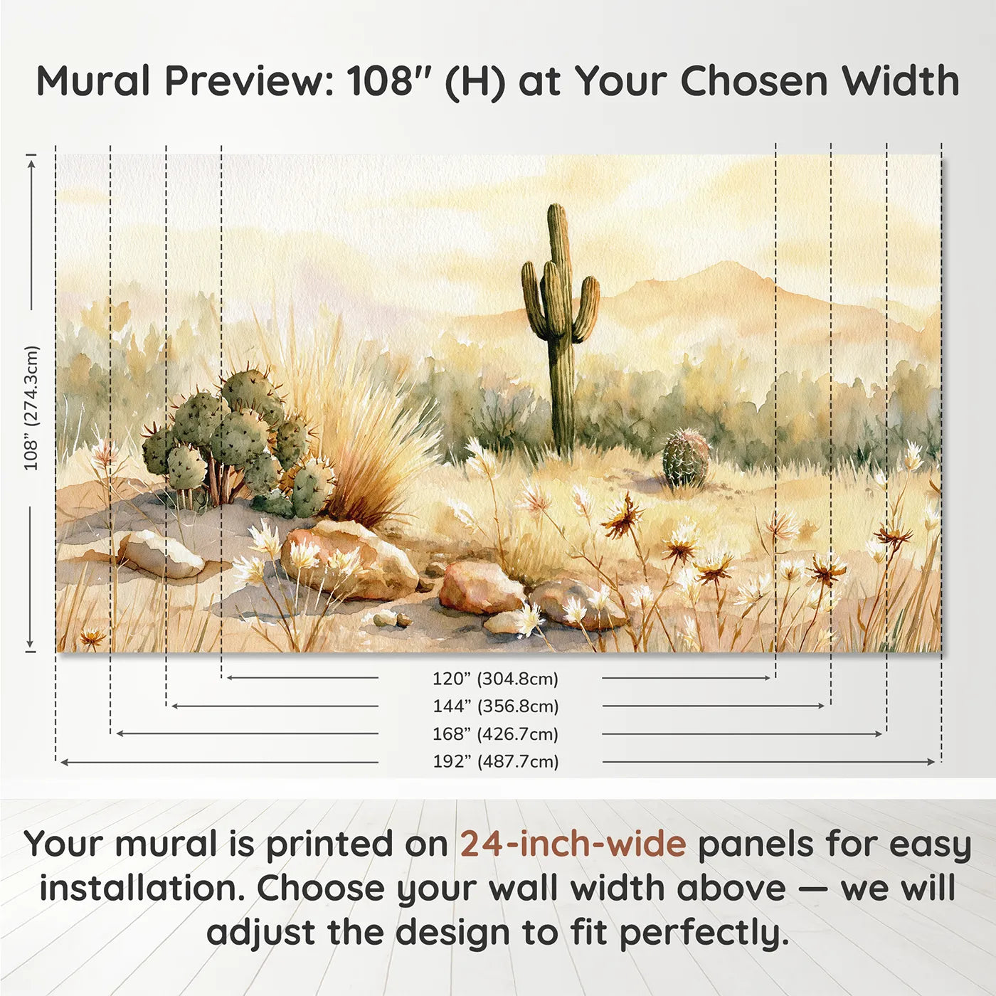 Panel layout and dimensions for Saguaro Cactus Study Wallpaper Mural by Whimsy Tots