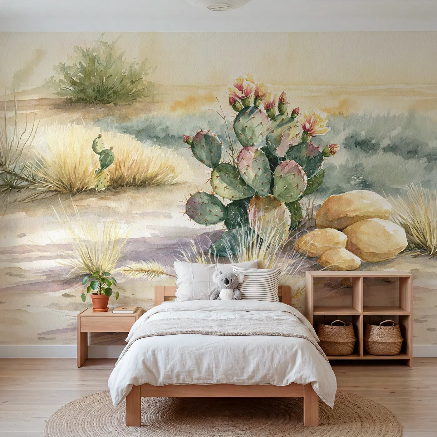 Watercolor wall mural of a soft prickly pear by Whimsy Tots
