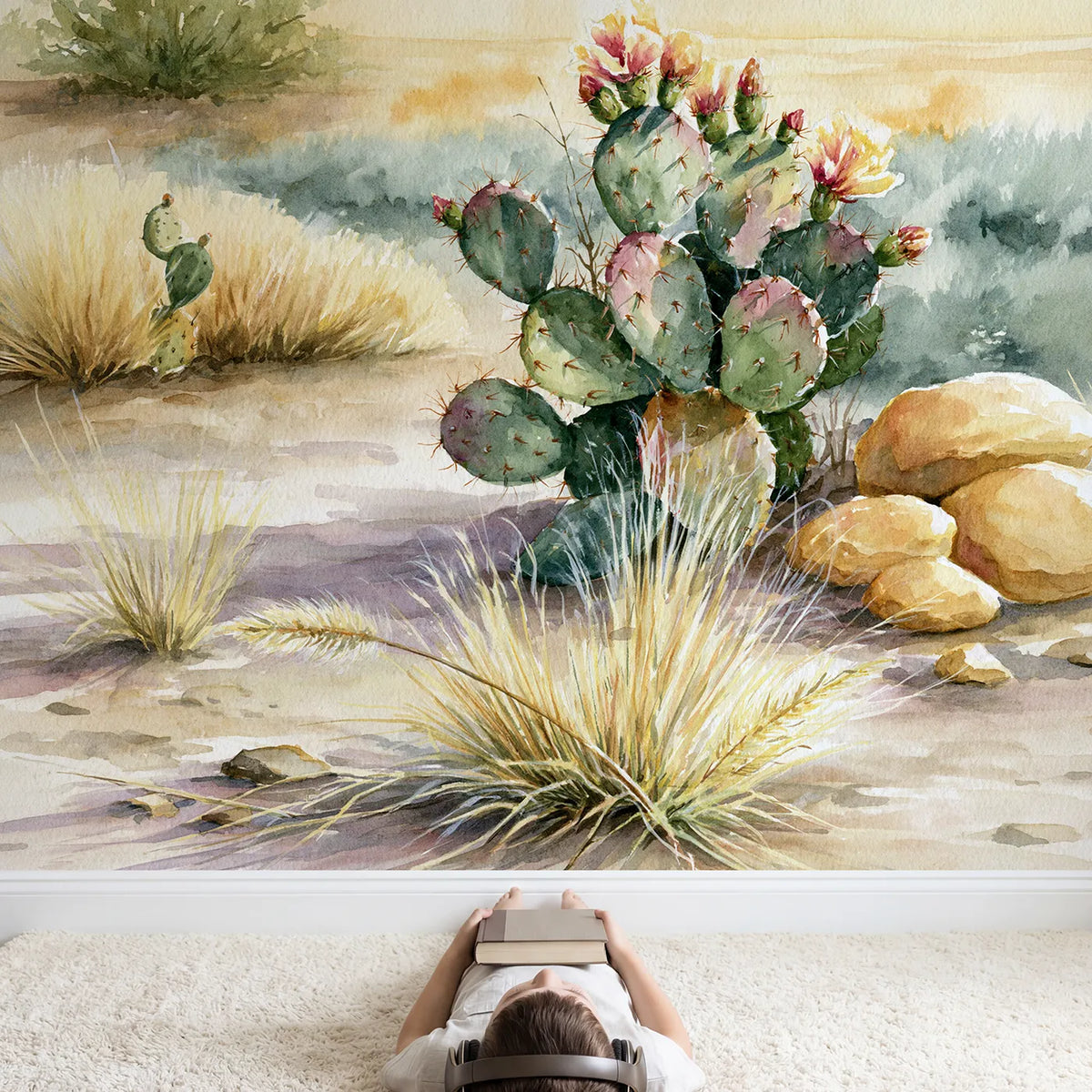 Child in nursery with Prickly Pear Study Wallpaper Mural by Whimsy Tots