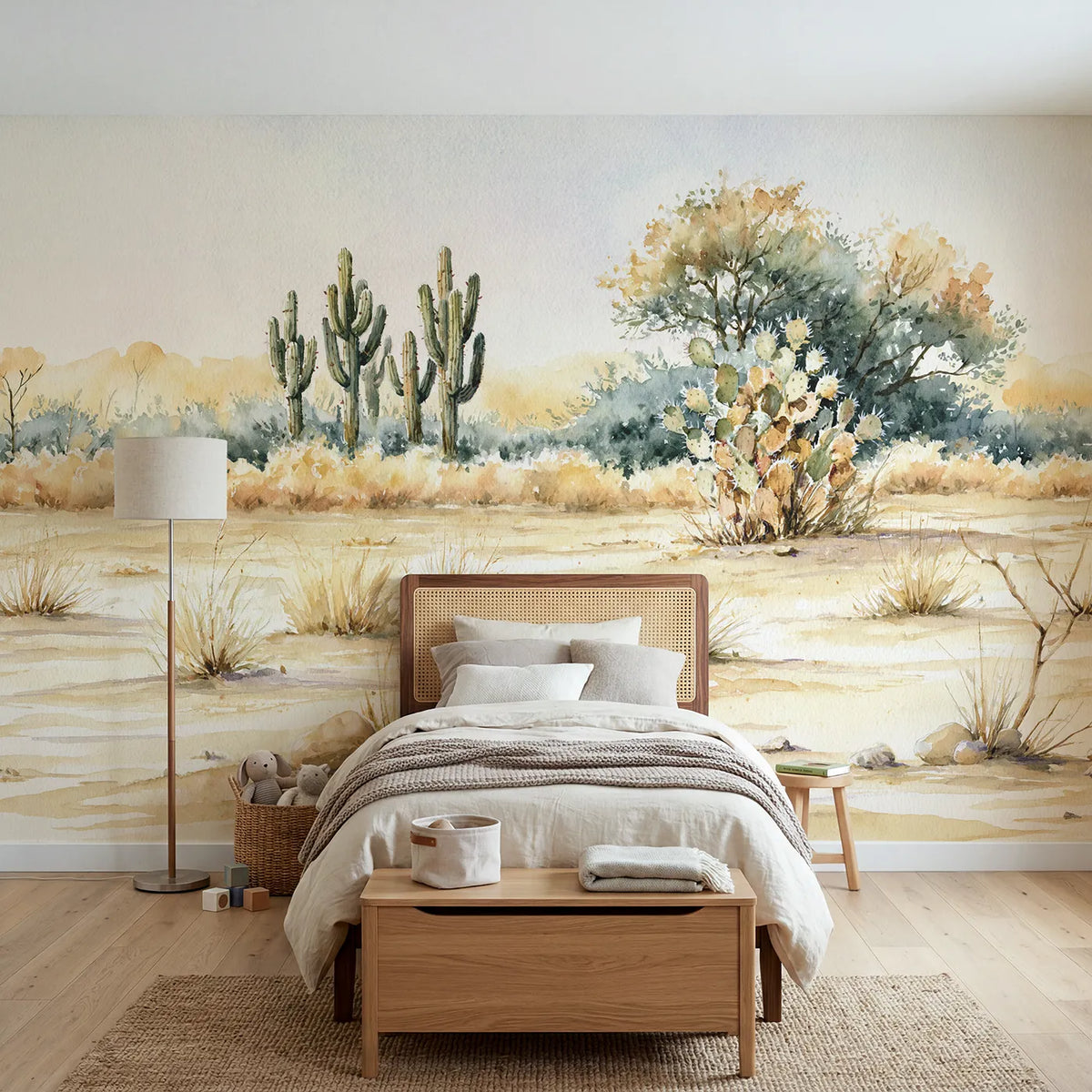 Watercolor wall mural of a friendly cactus garden by Whimsy Tots