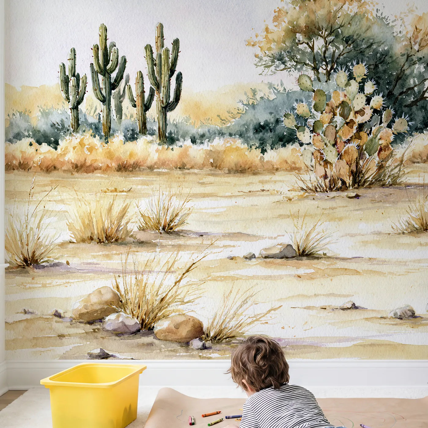 Child in nursery with Cactus Garden Study Wallpaper Mural by Whimsy Tots