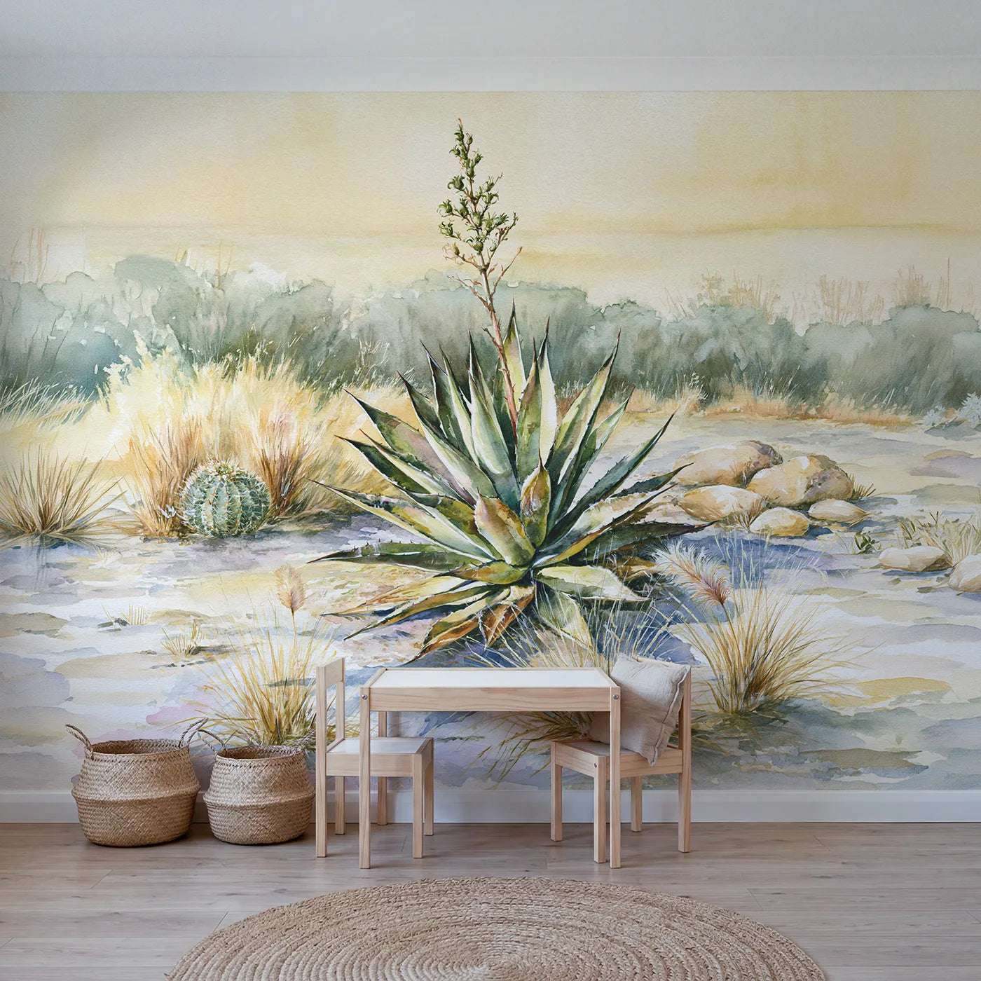 Watercolor wall mural of a soft agave fan by Whimsy Tots