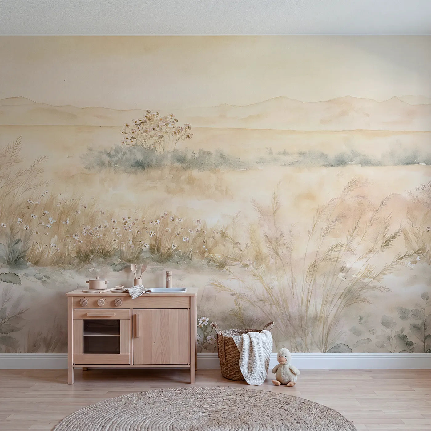 Watercolor wall mural of soft drifting desert blooms by Whimsy Tots