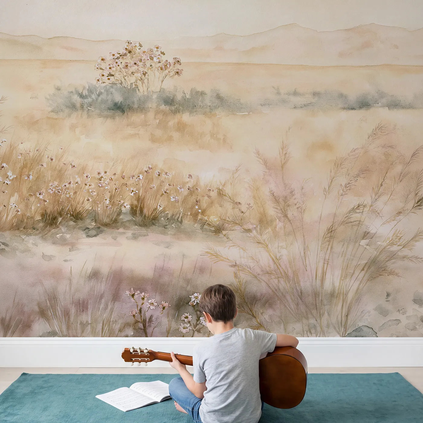 Child in nursery with Soft Desert Bloom Wallpaper Mural by Whimsy Tots