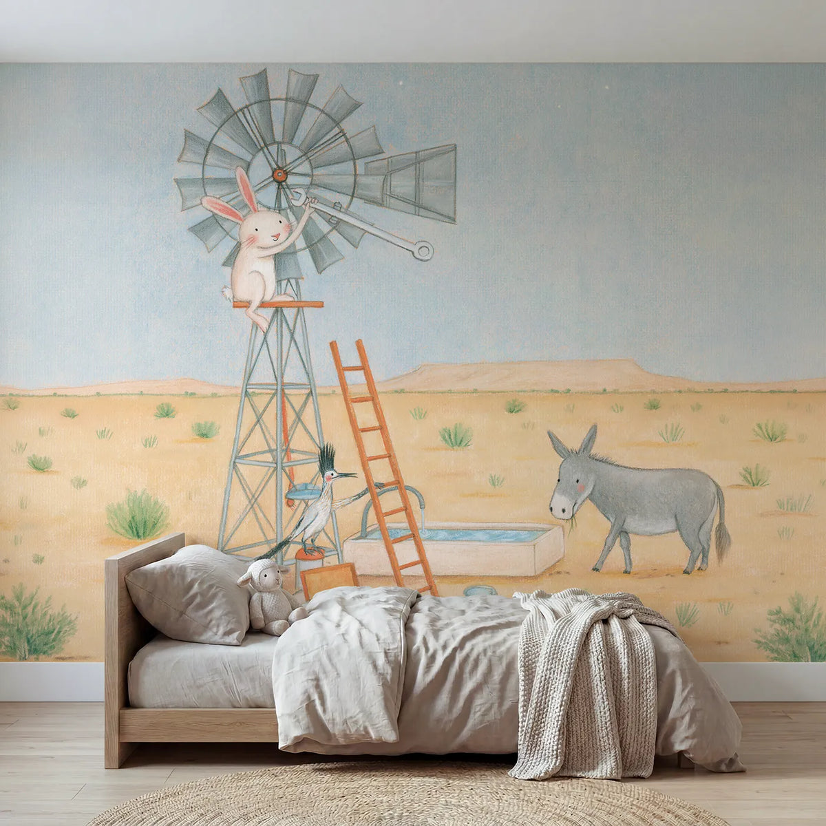 Colored Pencil jackrabbit mending a desert windpump, mural for a big-kid bedroom by Whimsy Tots