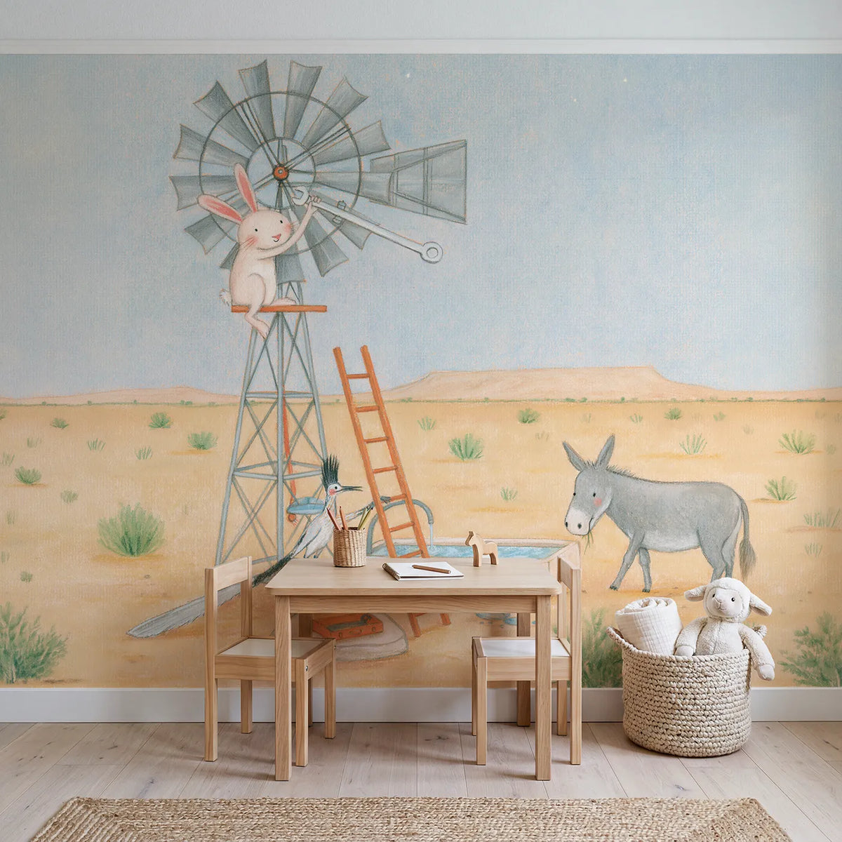 Fixing the Windpump Wallpaper Mural in playroom setting by Whimsy Tots