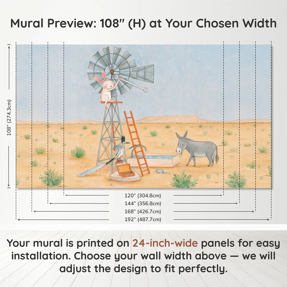 Panel layout and dimensions for Fixing the Windpump Wallpaper Mural by Whimsy Tots