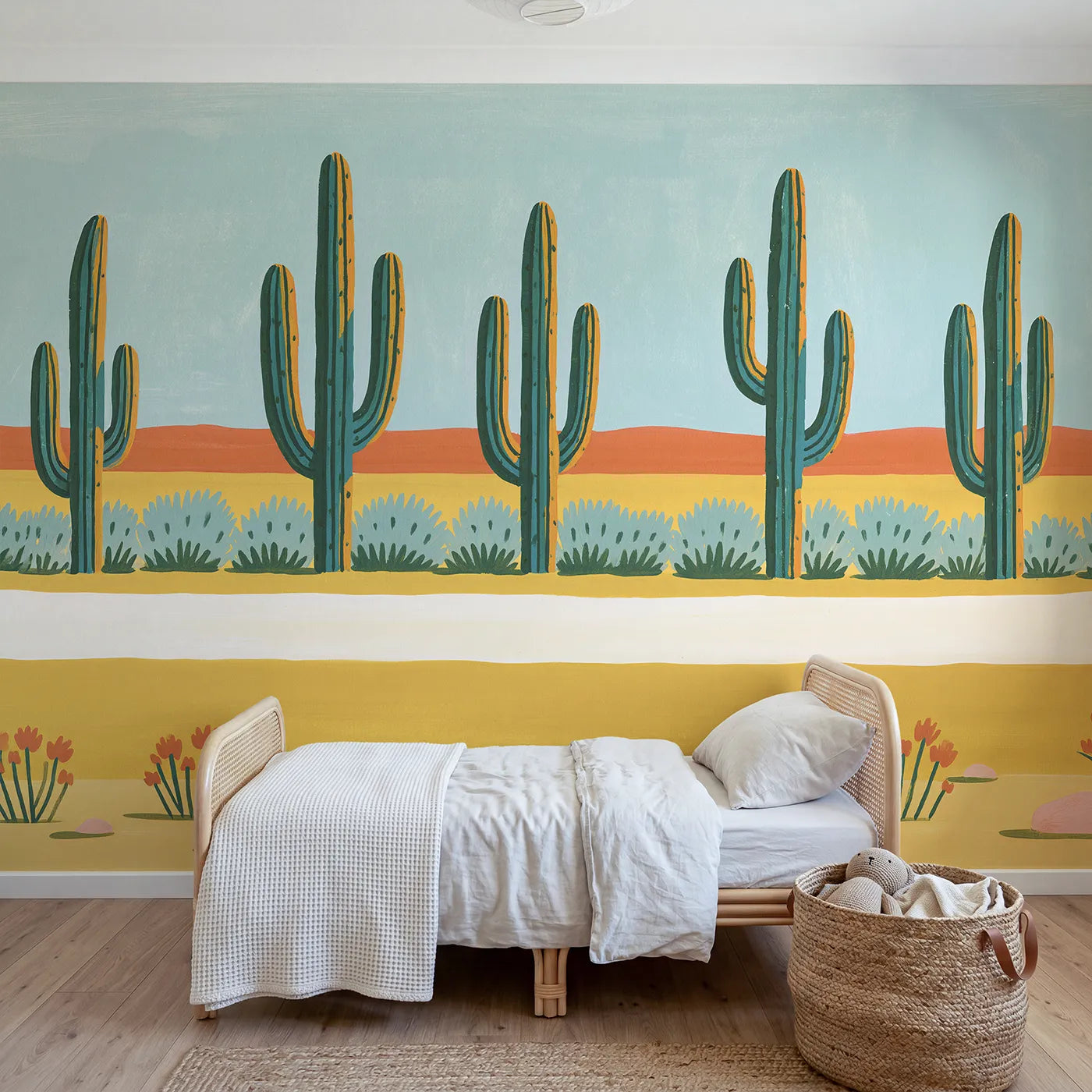 Gouache wall mural of three bold folk saguaros by Whimsy Tots