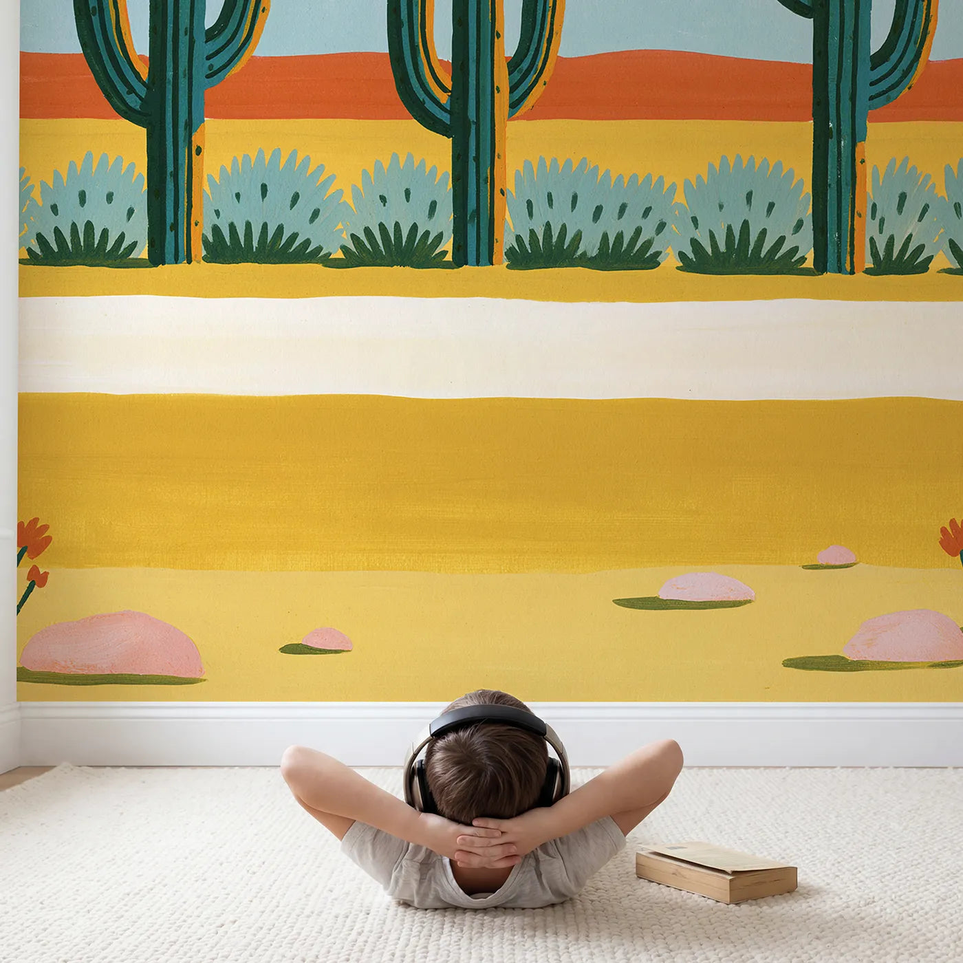Child in nursery with Folk Saguaro Trio Wallpaper Mural by Whimsy Tots