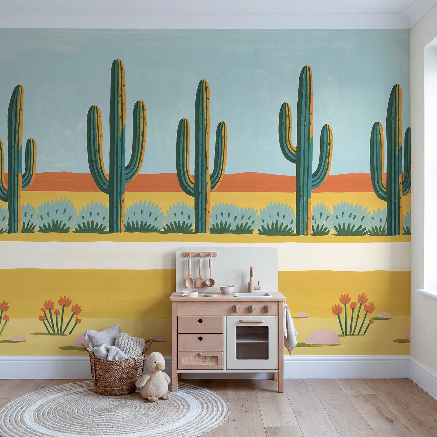 Folk Saguaro Trio Wallpaper Mural in playroom setting by Whimsy Tots