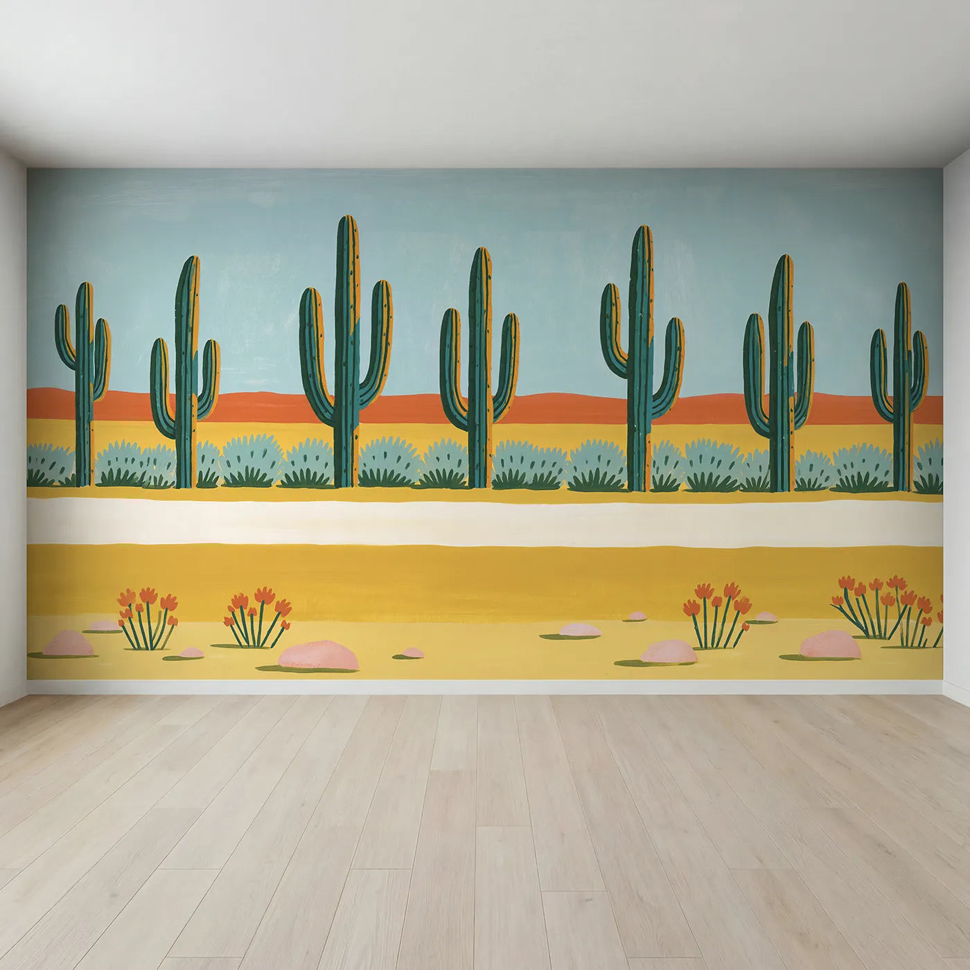 Full view of Folk Saguaro Trio Wallpaper Mural by Whimsy Tots
