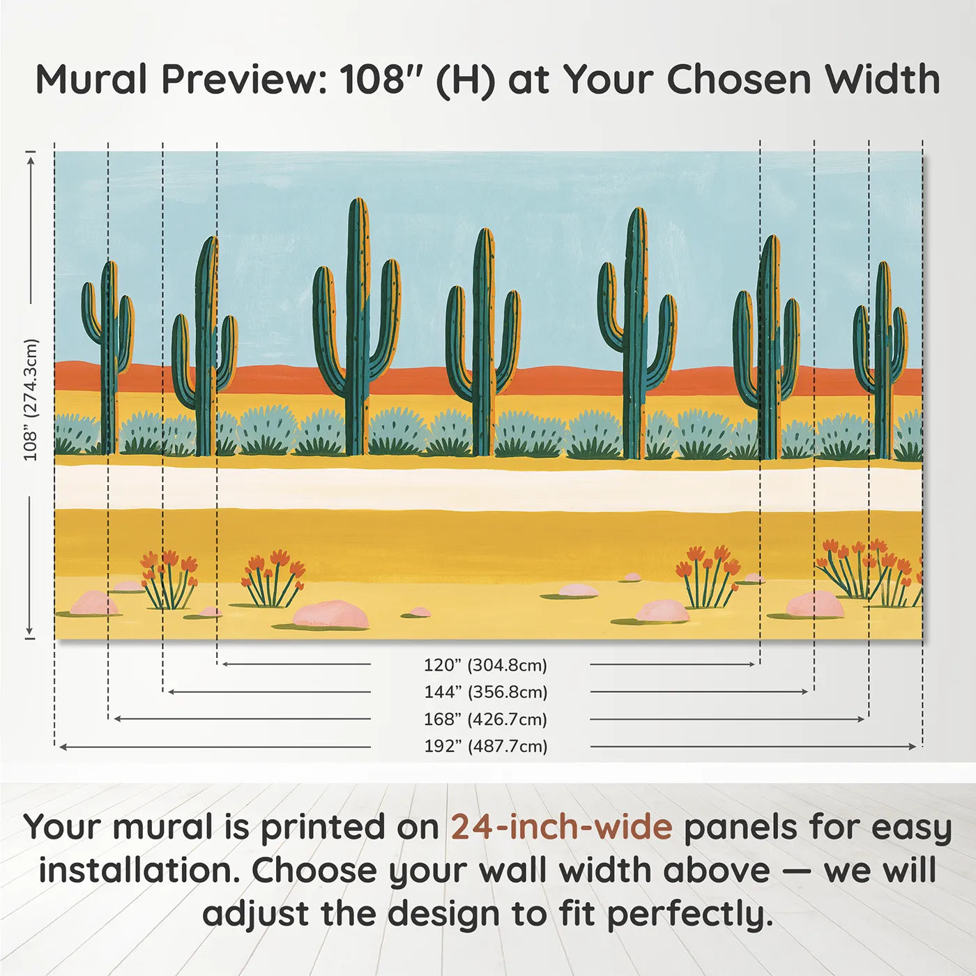 Panel layout and dimensions for Folk Saguaro Trio Wallpaper Mural by Whimsy Tots