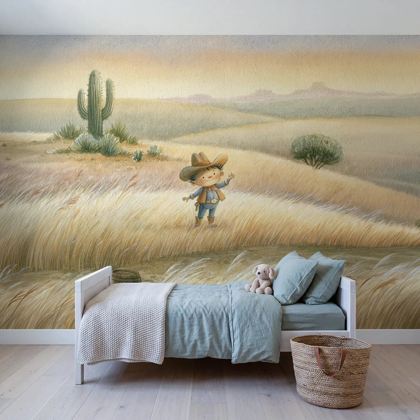 Storybook wall mural of a friendly little cowboy by Whimsy Tots