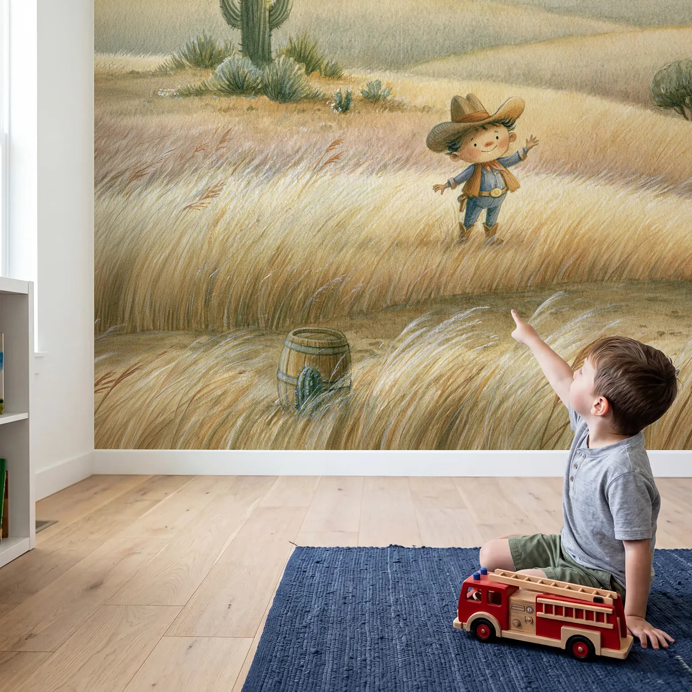 Child in nursery with Friendly Little Cowboy Wallpaper Mural by Whimsy Tots