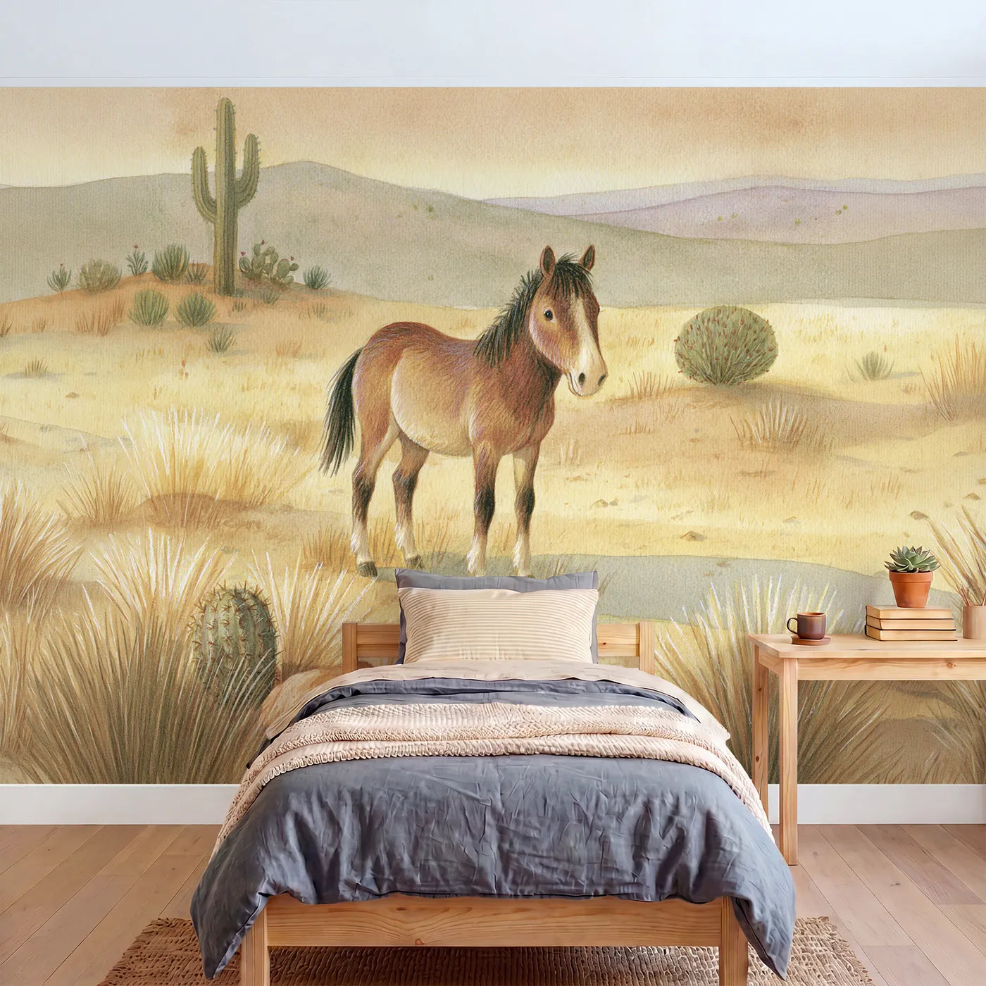 Storybook wall mural of a gentle desert horse by Whimsy Tots