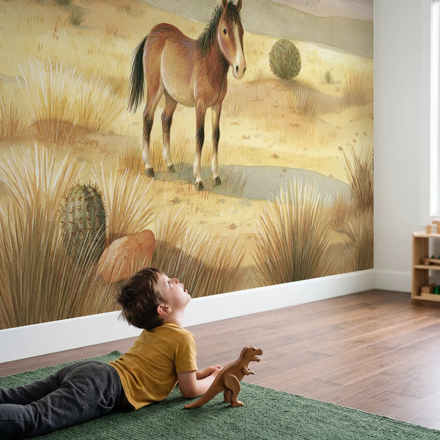 Child in nursery with Happy Desert Horse Wallpaper Mural by Whimsy Tots