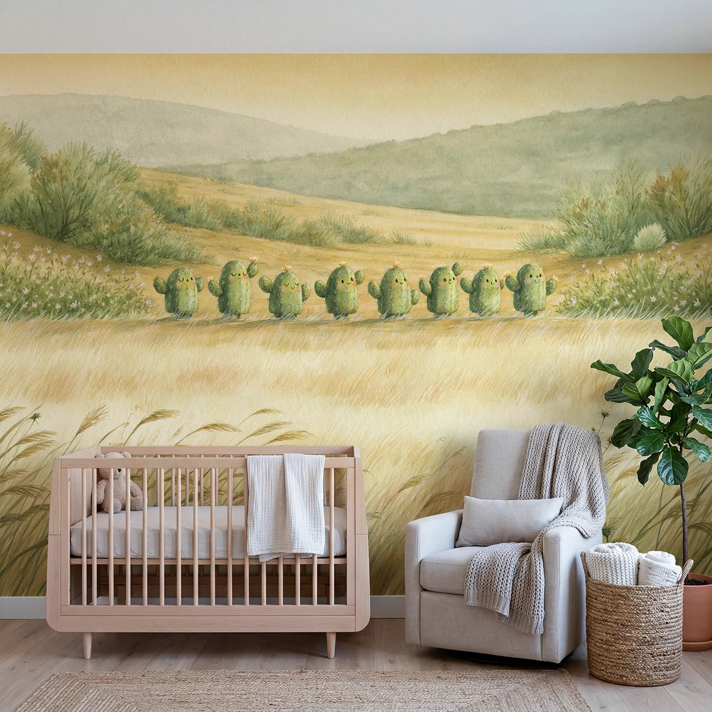 Storybook wall mural of cheerful cactus friends by Whimsy Tots