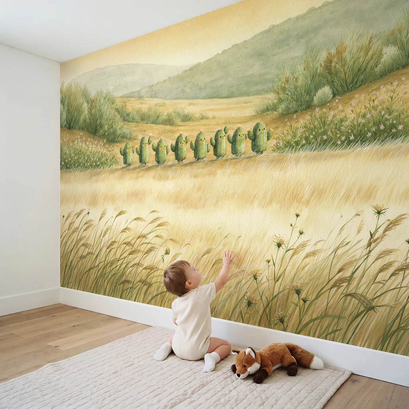 Child in nursery with Cactus Friends Day Wallpaper Mural by Whimsy Tots