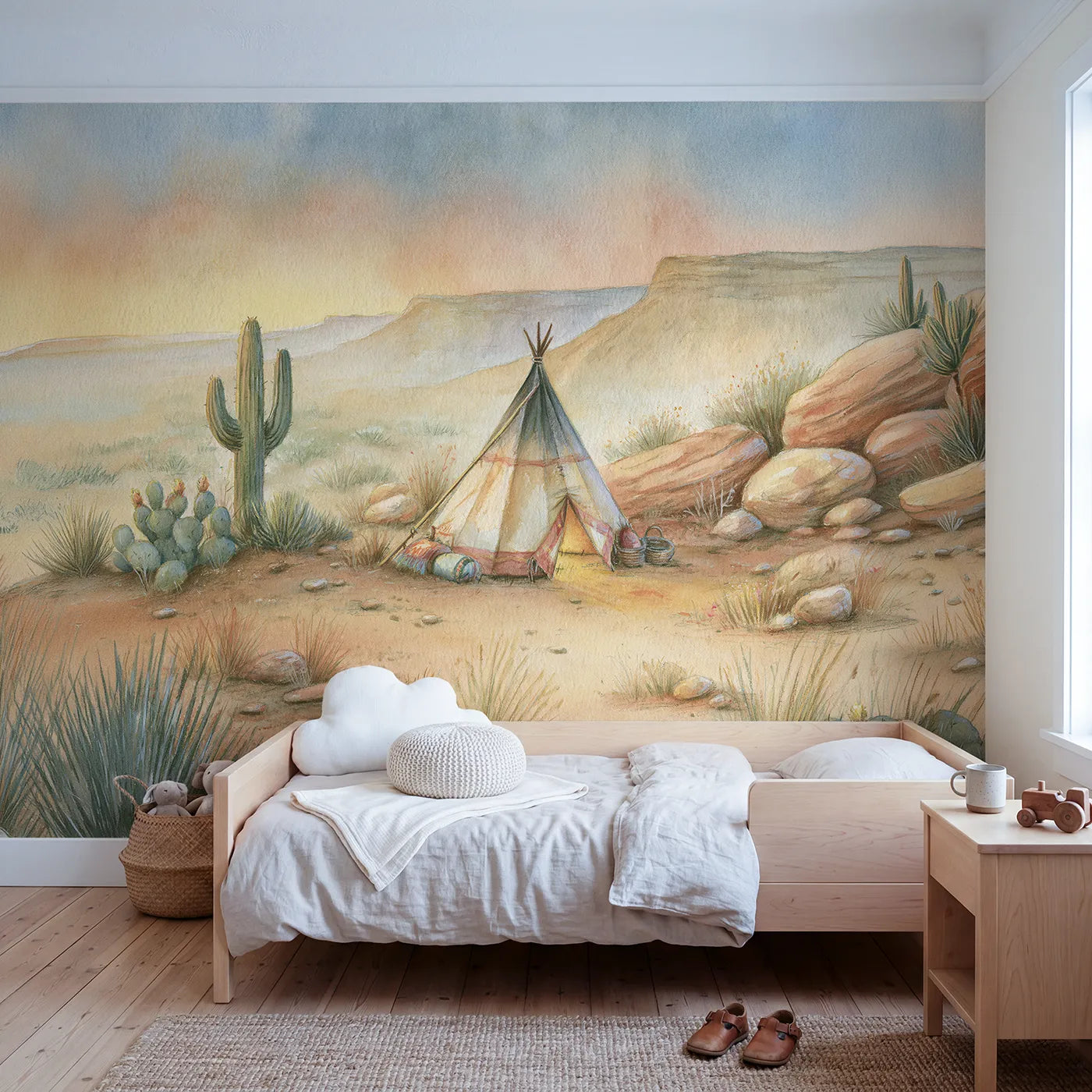 Storybook wall mural of a cozy desert camp by Whimsy Tots
