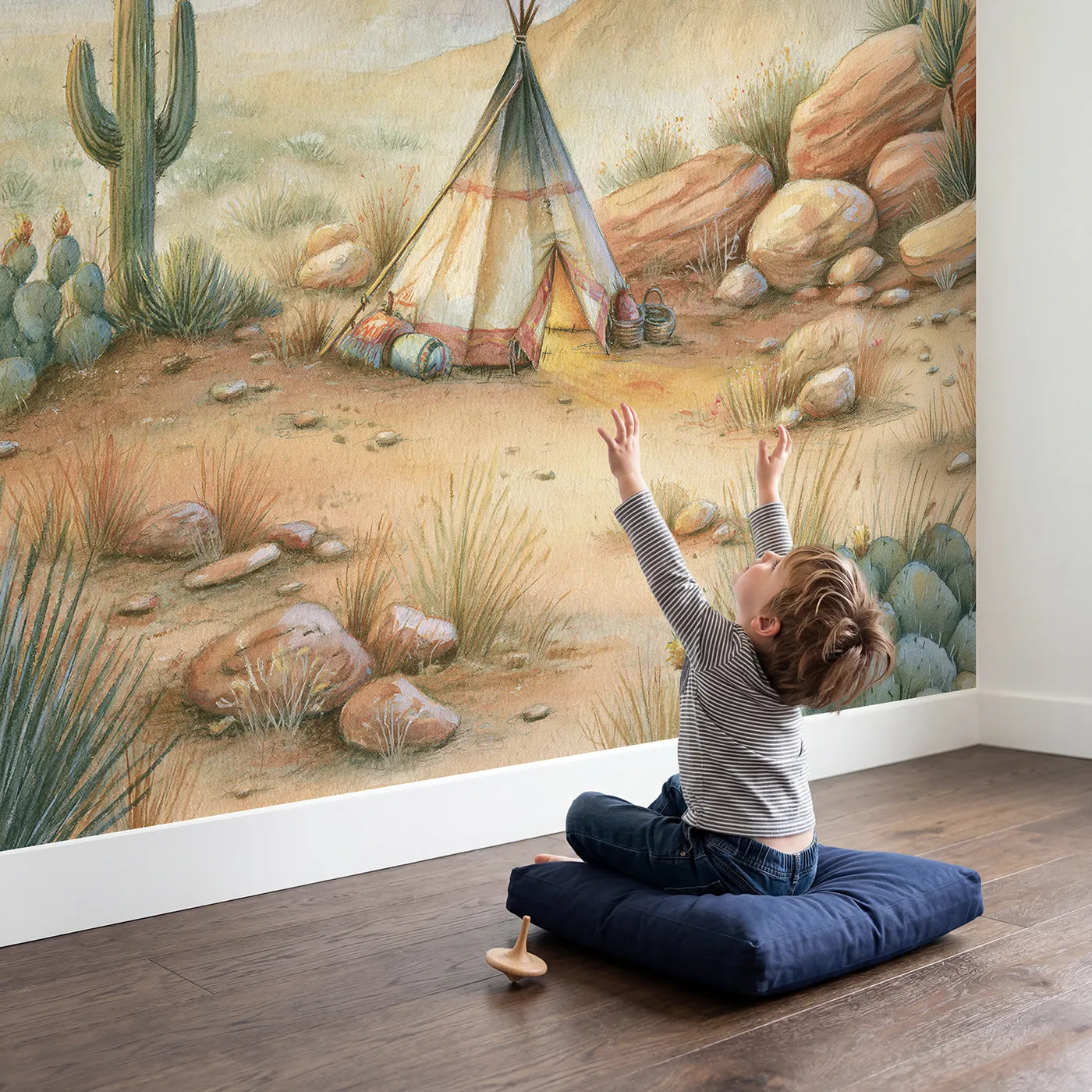 Child in nursery with Desert Camp Night Wallpaper Mural by Whimsy Tots
