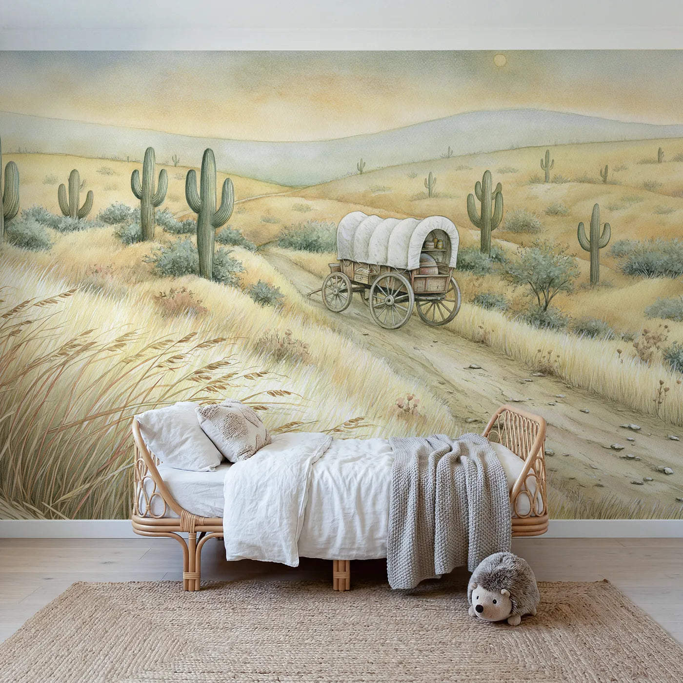 Storybook wall mural of a friendly wagon trail by Whimsy Tots