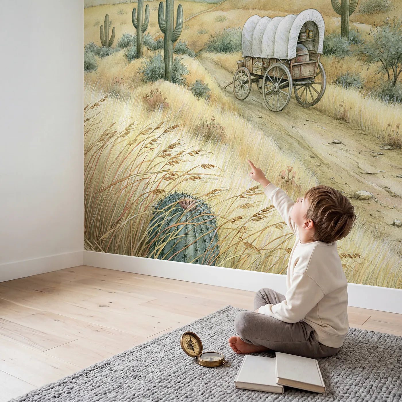 Child in nursery with Wagon Trail Day Wallpaper Mural by Whimsy Tots