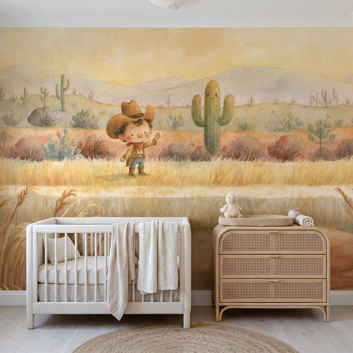 Storybook wall mural of cowboy and cactus friends by Whimsy Tots